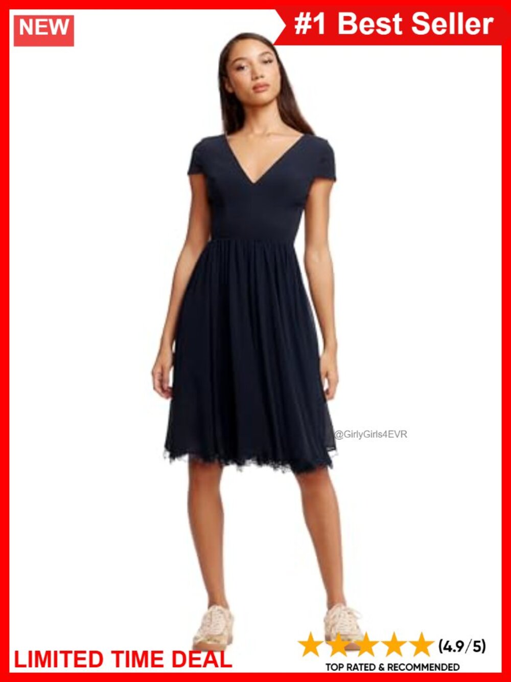 Fit and Flare Plunging Mix Media Cap Sleeve A-line Midi Dress